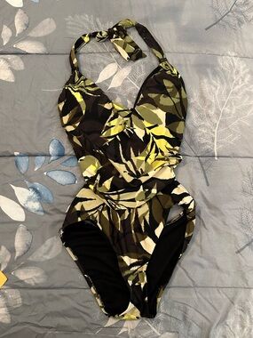 NWTS Bar III Olive, Black & Cream Leaf-Print Cowl neck One-Piece Swimsuit Sz S